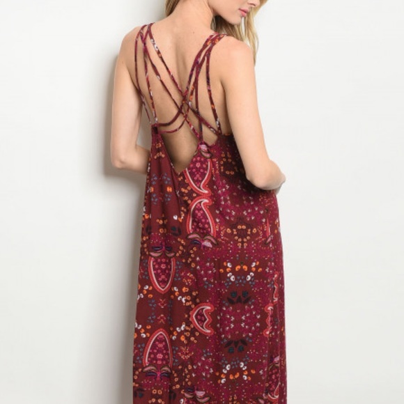 Brand New Burgundy Boho Flowy Strappy Maxi Dress - Picture 2 of 6